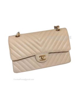 Chanel Medium Flap Bag Champagne Caviar Chevron With Gold HW