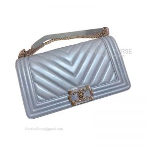 Chanel Boy Bag Medium In Pearlite Blue Lambskin Chevron With Shiny Silver HW