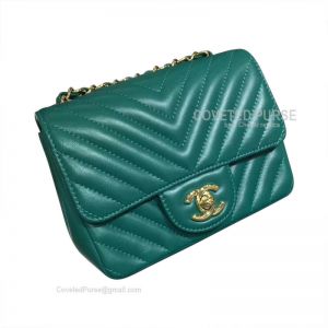 Chanel Mini Flap Bag Emerald Green Lambskin Chevron With Gold HW