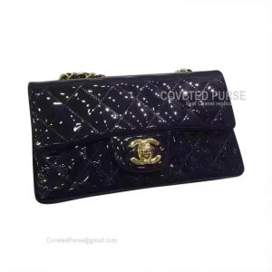 Chanel Mini Rectangular Flap Bag Patent In Navy Blue With Gold HW