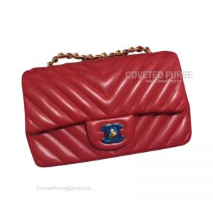 Chanel Rectangular Mini Flap Bag Red Lambskin Chevron With Gold HW