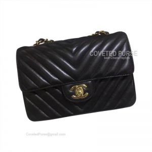 Chanel Mini Rectangular Flap Bag Black Lambskin Chevron With Gold HW