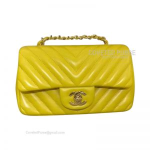 Chanel Mini Flap Bag Rectangular Bright Yellow Lambskin Chevron With Gold HW