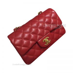 Chanel Mini Rectangular Flap Bag Red Lambskin With Gold HW