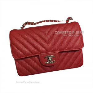 Chanel Rectangular Mini Flap Bag Red Caviar Chevron With Silver HW