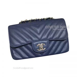 Chanel Mini Flap Bag Rectangular Navy Blue Caviar Chevron With Silver HW