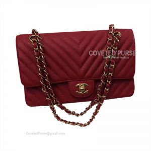 Chanel Medium Flap Bag Red Calfskin Chevron With Gold HW