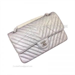 Chanel Medium Flap Bag Patent Chevron In Metallic With Silver HW