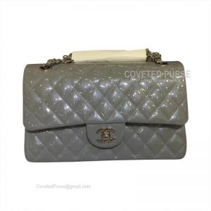 Chanel Medium Flap Bag Patent In Gray With Silver HW