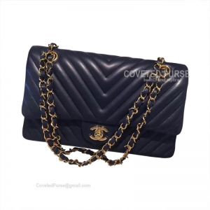 Chanel Medium Flap Bag Sapphire Lambskin Chevron With Gold HW