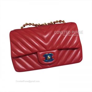 Chanel Medium Flap Bag Red Lambskin Chevron With Gold HW