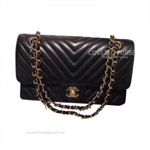 Chanel Medium Flap Bag Black Lambskin Chevron With Gold HW