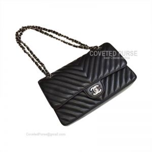 Chanel Medium Flap Bag Lambskin Black Chevron With Silver HW