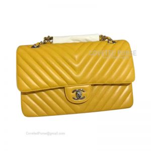 Chanel Medium Flap Bag Mango Yellow Lambskin Chevron With Silver HW
