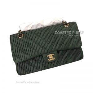 Chanel Medium Flap Bag Dark Green Lambskin Chevron With Gold HW