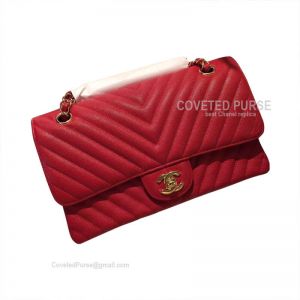 Chanel Medium Flap Bag Red Caviar Chevron With Gold HW