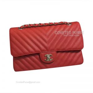 Chanel Medium Flap Bag Red Caviar Chevron With Silver HW