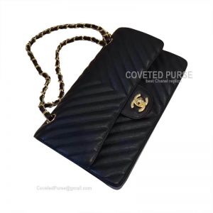 Chanel Medium Flap Bag Black Caviar Chevron With Gold HW
