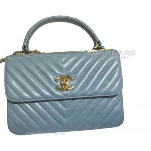 Chanel Mint Blue Lambskin Flap Bag Chevron With Top Handle Gold HW
