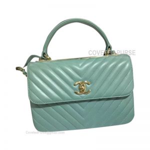 Chanel Mint Green Lambskin Flap Bag Chevron With Top Handle Gold HW