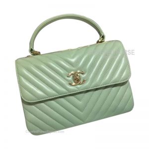 Chanel Matcha Green Lambskin Flap Bag Chevron With Top Handle Gold HW