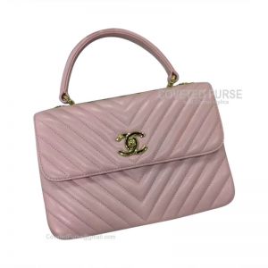 Chanel Sakura Pink Lambskin Flap Bag Chevron With Top Handle Gold HW