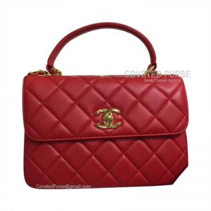 Chanel Red Lambskin Flap Bag With Top Handle Gold HW