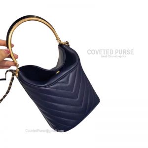 Chanel Bucket Bag Mini In Navy Blue Lambskin With Gold HW