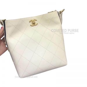 Chanel Hobo Handbag Mini In White Calfskin With Gold HW