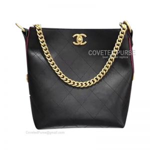 Chanel Hobo Handbag Mini In Black And Red Calfskin With Gold HW