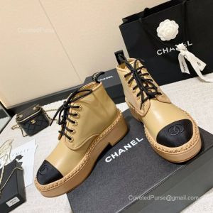 Chanel CC Logo Lace Up Chain Leather Ankle Boot in Beige 2281854
