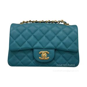 Chanel Mini Flap Handbag Rectangular peacock green Caviar with Shiny GHW
