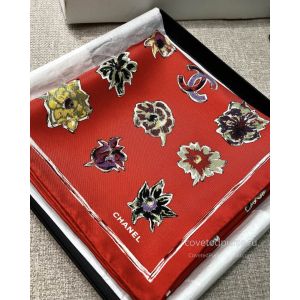 Chanel 26B Camellia Silk Scarf Red