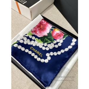 Chanel 26C Jewelry Floral Silk Scarf Navy