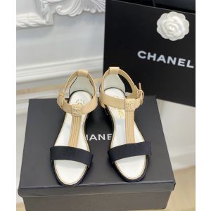Chanel Beige Leather and Black Cotton Sandal