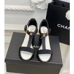 Chanel Black Leather and Black Cotton Heeled Sandal