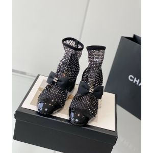 Chanel Black Mary Jane Crystals Mesh Ankle Boot with Bow