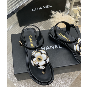 Chanel Camellia Flower Leather Flat Sandal Black