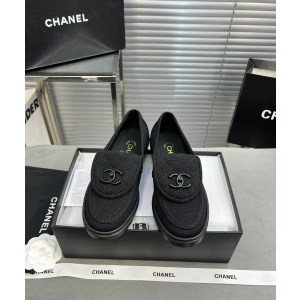 Chanel CC Logo Fabric Loafers Black