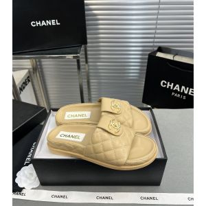 Chanel CC Logo Leather Flat Slide Sandal Beige