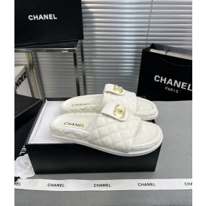 Chanel CC Logo Leather Flat Slide Sandal White