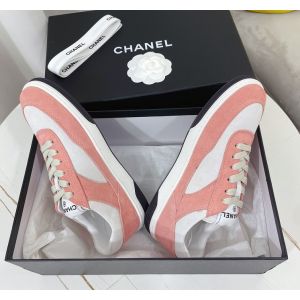 Chanel CC Logo Low Tops Sneakers Pink White Suede Leather