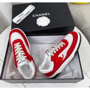 Chanel CC Logo Low Tops Sneakers Red White Suede Leather