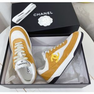Chanel CC Logo Low Tops Sneakers Yellow White Suede Leather