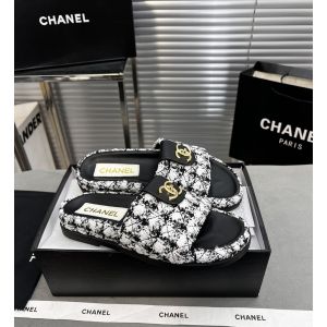 Chanel CC Logo Tweed Flat Slide Sandal Black