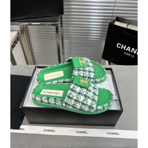 Chanel CC Logo Tweed Flat Slide Sandal Green