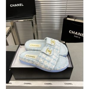 Chanel CC Logo Tweed Flat Slide Sandal Light Blue