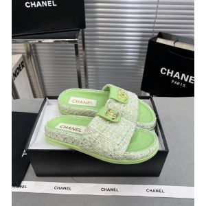 Chanel CC Logo Tweed Flat Slide Sandal Mint Green