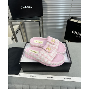 Chanel CC Logo Tweed Flat Slide Sandal Pink