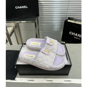 Chanel CC Logo Tweed Flat Slide Sandal Purple